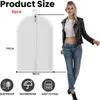 A woman is standing next to a garment bag with product size information overlaid. Produktbild-Vorschau