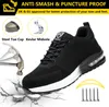 A black safety shoe with white accents, shown with graphics illustrating its protective features like a steel toe cap and Kevlar midsole, and a hammer about to strike the ground near the shoe. Produktbild-Vorschau