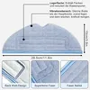 Collage of images showing a light blue mopping cloth for a robot vacuum cleaner, with dimensions and close-ups of its features. Produktbild-Vorschau