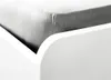 A close-up view of a white bed frame with a gray fitted sheet on top. Produktbild-Vorschau