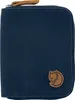 A close-up view of a navy blue wallet with a brown leather logo.