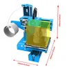 A blue 3D printer with a printed bust on its platform, showing dimensions. Produktbild-Vorschau