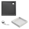 A collection of shower tray components, including a dark grey shower tray, a white shower tray insert, and a drain assembly. Produktbild-Vorschau