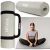 A collage of images showing a rolled-up yoga mat, a close-up of the mat with a handle, and a woman using the mat for exercise. Náhľad obrázku produktu