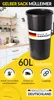 A black trash can with a "Made in Germany" label, set against a kitchen background and a yellow graphic overlay with product features. Produktbild-Vorschau