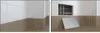 A collage showing a corner of a tiled room with a wall access panel open, revealing pipes, and a metal panel leaning against the wall. Produktbild-Vorschau