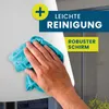 A hand is cleaning a white surface with a blue cloth, with marketing text overlays. Anteprima dell’immagine prodotto
