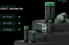 A collection of PATONA Premium USB-C rechargeable batteries displayed on dark, tiered platforms against a black background. Produktbild-Vorschau