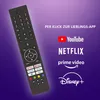 A remote control is shown next to logos of popular streaming services, with text promoting app access. Produktbild-Vorschau