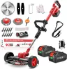 A collection of garden tools and accessories, including a grass trimmer, batteries, charger, and various attachments, laid out on a white background. Produktbild-Vorschau