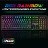 A gaming keyboard with RGB lighting is displayed with its reflection below. Text overlays highlight features. Produktbild-Vorschau