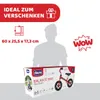A product box for a red balance bike, with marketing text and graphics. Produktbild-Vorschau