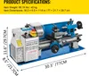 A mini metal lathe machine is shown from a slightly elevated front-left angle, with dimensions and specifications overlaid. Produktbild-Vorschau