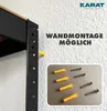 A close-up of a black metal shelf bracket with yellow wall plugs and screws shown in a separate inset box, against a textured white wall. Produktbild-Vorschau