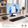 A mini PC, monitor, keyboard, and mouse are set up on a desk, with text overlays describing features. Produktbild-Vorschau