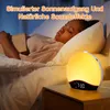 A woman sleeping in bed next to a sunrise alarm clock on a nightstand. Produktbild-Vorschau