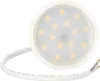 A close-up, studio shot of a round LED light fixture with a white casing and a translucent diffuser, showing multiple small yellow LED lights within. A white cable with exposed wire ends extends from the fixture. Produktbild-Vorschau