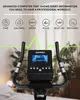 Close-up of an exercise bike's console and handlebars, with a green heart rate graph overlay. Produktbild-Vorschau