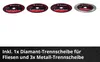 Four cutting discs are displayed against a white background, with a dark overlay at the bottom containing text. Produktbild-Vorschau