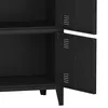 A close-up view of a black metal cabinet with two open doors, revealing empty shelves and ventilation slits on the doors. Voir les images du produit