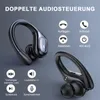 Marketing image showing two wireless earbuds and icons illustrating their functions. Produktbild-Vorschau