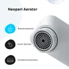 A close-up of a white faucet aerator with German text and icons describing its features. Produktbild-Vorschau