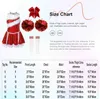 A size chart for a cheerleader costume, showing the costume, pom-poms, and socks, along with a table of measurements. Anteprima dell’immagine prodotto