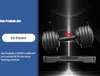 A product image featuring adjustable dumbbells with a blue panel on the left side containing text and a patent certification. Produktbild-Vorschau