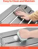 Two images showing how to clean and maintain an outdoor ottoman. The top image shows a hand wiping a stain with a cloth, and the bottom image shows a hand scrubbing a scratch with a brush. Podgląd zdjęcia produktu