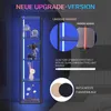 A tall, narrow display cabinet with blue LED lighting, showcasing decorative items. The image also includes marketing graphics highlighting product features. Produktbild-Vorschau