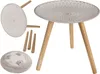 A disassembled side table with a decorative top and wooden legs, shown with its components. Produktbild-Vorschau