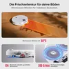 A robot vacuum cleaner is shown mopping a wooden floor with hot water, with close-up diagrams of its features. Produktbild-Vorschau