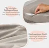Collage showing details of a taupe-colored bed linen set, including a zipper and fabric texture. Voir les images du produit