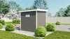 A modern, gray garden shed with a white trim and roof, set in a landscaped garden with green bushes, gravel paths, and a white picket fence in the background. Produktbild-Vorschau