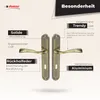 A marketing image showcasing a pair of bronze-colored door handles with descriptive text highlighting their features. Produktbild-Vorschau