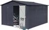 A dark gray metal garden shed with its doors open, showing a bicycle inside and gardening tools outside. Produktbild-Vorschau
