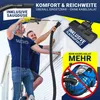 Two men are working on a house exterior, one is drilling into the wall while the other holds a vacuum hose near the drill bit. There are marketing overlays with text and graphics. Produktbild-Vorschau