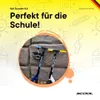 Two scooters are leaning against a stone wall, with a yellow background featuring hand-drawn illustrations of children, school supplies, and musical notes. Produktbild-Vorschau
