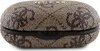 A close-up, front-facing view of a brown and beige patterned earphone charging case. Produktbild-Vorschau