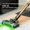 A vacuum cleaner head is shown on a floor with scattered debris, with a golden vacuum cleaner wand extending upwards. Text overlays describe the product's features. Produktbild-Vorschau