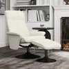 A cream white recliner chair with a matching ottoman is placed on a gray rug in a room with a fireplace and bookshelves. Produktbild-Vorschau