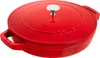 A red Staub cast iron pot with a silver knob on its lid, set against a white background. Produktbild-Vorschau