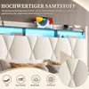 A close-up view of a bed with a tufted headboard and LED lighting, featuring marketing text and icons. Anteprima dell’immagine prodotto