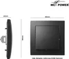 Product dimensions and a front view of a black blind cover. Produktbild-Vorschau