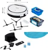 A collection of items related to a robot vacuum cleaner, including the vacuum itself, accessories, and charging station, laid out on a white background. Produktbild-Vorschau