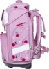A pink backpack with a cherry pattern, shown from the side. Produktbild-Vorschau