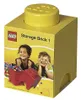 A yellow LEGO storage brick with a lid, featuring a picture of two children and LEGO bricks on the front. Produktbild-Vorschau