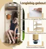 A collage of images showcasing a corner coat rack with a woman sitting on it and various product features highlighted with text. Podgląd zdjęcia produktu