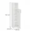 A white tall, narrow cabinet with its door ajar, showing shelves inside. Dimensions are marked on the image. Náhled obrázku produktu