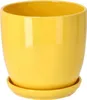 A yellow ceramic plant pot with a matching saucer, shown against a white background. Náhled obrázku produktu